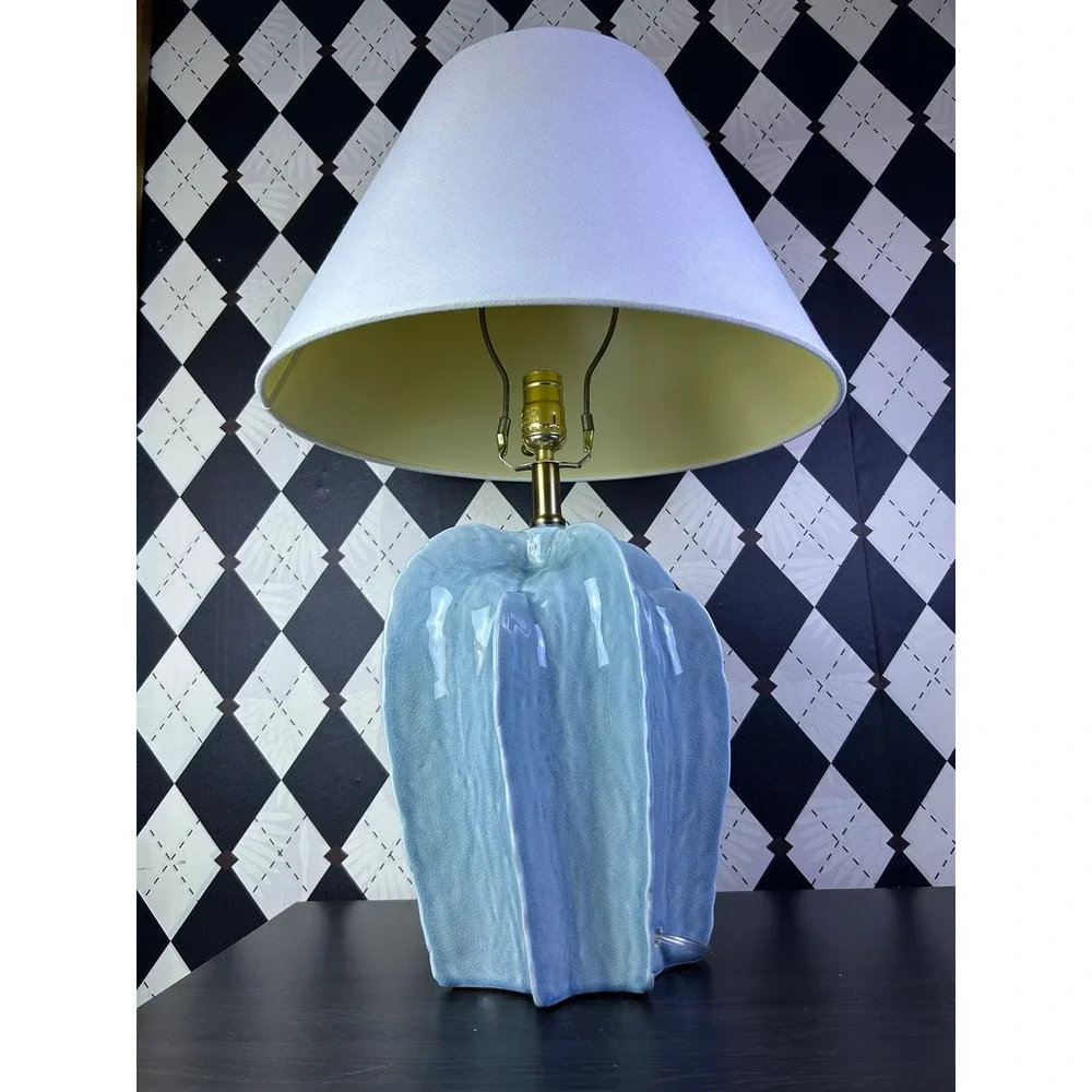 Large Sculptural Blue Pottery Table Lamp Fluted Statement Lighting 25